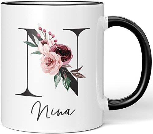 JUNIWORDS Tasse, Nina, Name Anfangsbuchstabe Initial Alphabet Floral Buchstabe N Monogramm Motiv, Schwarz (5592930)
