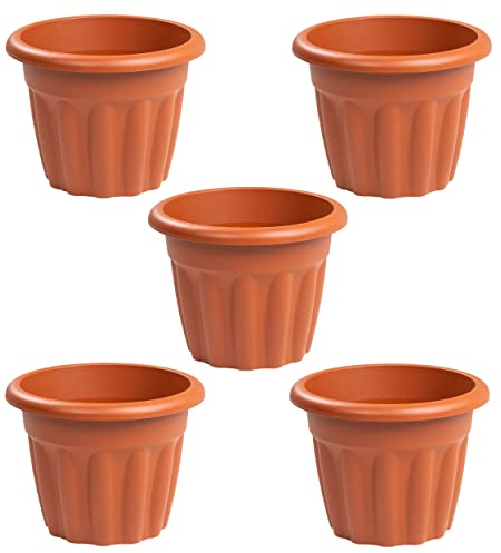 (Set of 5) 33cm Terracotta Plastic Round Planters Indoor/Outdoor Plant Pot Lightweight & Weather Resistant Contemporary Design Style Garden Planters Plant Herb Flower Pot Nursery Pot For Home