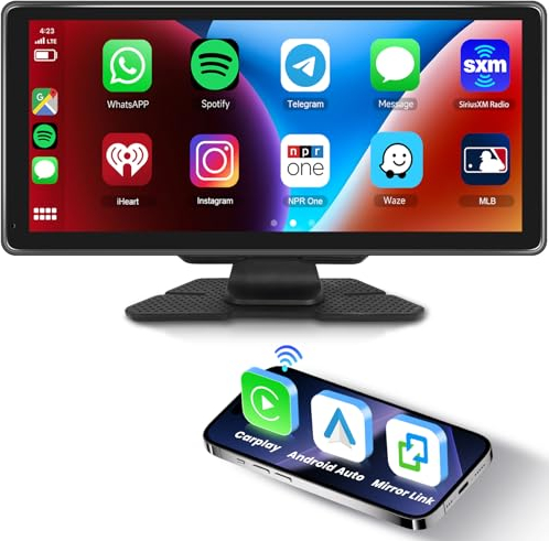 Hodozzy 10,36 Pulgadas Pantalla Carplay Coche Android Auto Inalámbrico y CarPlay Wireless, Bluetooth Monitor Radio Reproductor Portátil Pantalla Táctil Airplay Mirror Link, Transmisor FM/AUX/TF