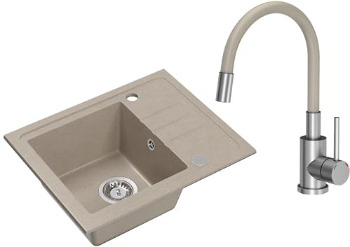 VBChome Granitspüle Beige mit Armatur, 55 x 44 cm, Einzelbecken Einbauspüle, Reversibel, Gesprenkelt, Komplettset mit Siphon und Armatur in Beige, Pflegeleichtes Design – Top-Angebot für kleine Küchen