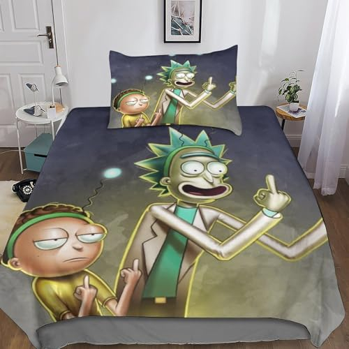 BARDYS Rick Morty Spannbetttücher Bettwäsche,Animation Cartoon Druck Bettbezug,deckenbezug Mit Kissenbezug,süße Dekoration Bettwäsche SetSingle(135x200cm)