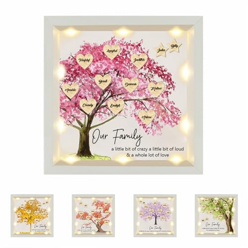 Boîte d'ombre d'arbre généalogique personnalisée avec lumières LED Boîte d'ombre en bois Notre cadre de mémoire familiale Cadre d'arbre généalogique Cadeau pour Noël Grand-mère Maman Femme Amant