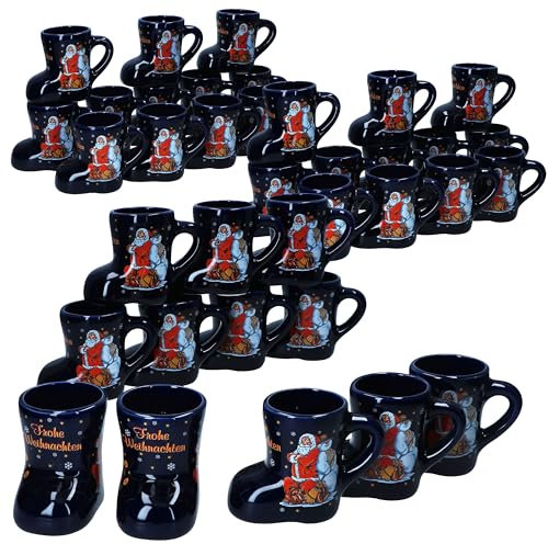 MamboCat 36er Set Glühweinstiefel dunkelblau mit Henkel I 200ml geeicht I Glühweinbecher mit Weihnachtsdekor & Schriftzug für 36 Personen I Keramik-Tasse für Tee, Eierlikör, Feuerzangenbowle