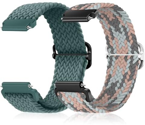 CeiBand 22mm/20mm/18mm Nylon Trenzadas Correa, Mujer Hombre Solo Loop Elástica Bracelet Deportiva Universal Muñequeras Pulseras de Repuesto Cómodo Transpirable - 22mm Verde + Rosa Blanco