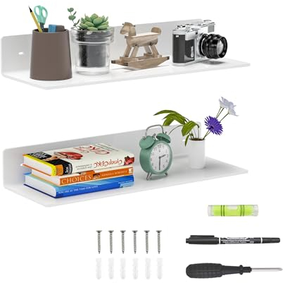 Sezanrpt 2-Pack weiße Acryl-Sich hin- und herbewegende Regale 38cm, Wand hängende Badezimmer-Regale, Wand-Aufbewahrungsregal für Küche, Esszimmer, Wohnzimmer, Schlafzimmer