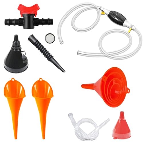 Lxoraziy 9 Pièces Entonnoir Essence, Entonnoir Mecanique, Entonnoir de Remplissage avec Tuyau et Passoire, Tuyau Amovible et Absorbeur d'huile Manuelle, Entonnoir pour Voiture et Moto