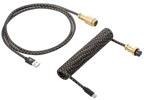 Vajra Force Sparkling Coiled USB C Keyboard Cable for Computer Keyboard, Double-Sleeved Mechanical Keyboard Cable with Detachable Metal Aviator, 1.5M USB-C to USB-A, Black Color with Gold Aviator