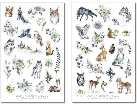 Waldtiere Sticker Set - Journal Sticker, Planer Sticker, Aufkleber, Wald, Wolf, Luchs, Berge, Vogel, Pflanzen, Blumen, Hase, Reh, Natur