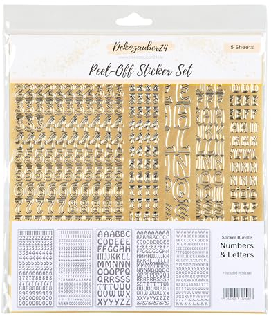 DKZBR Konturensticker Zahlen und Buchstaben, gold, 5er Set, über 600 Sticker, Einladungskarten, Kerzen, Accessoires gestalten, Sticker Taufe Kommunion Geburtstag Hochzeit