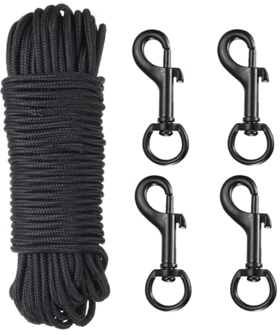 sourcing map Fahnenmast-Seil, 30 m, Fahnenmast-Seil, 0,6 cm dick, mit 4 schwenkbaren Fahnenmast-Clips, Nylon-Fahnenmastschnur, Schwarz