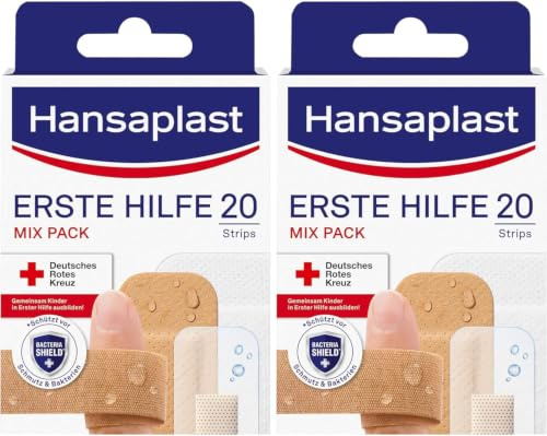 Hansaplast Erste Hilfe Pflaster Mix 2er-Set (2 x 20 Strips), Pflaster Set in verschiedenen Größen ideal für unterwegs, Wundpflaster mit Bacteria Shield