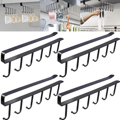 PLMMOUT 4 Stück Tassen Haken Tassenhalter, Schwarz, Metall Unter Regal | Schrankeinsatzhaken ohne Bohren, mit Selbstklebendem Fixierpad, for Becher, Tassen, Weingläser and Küchenutensilien