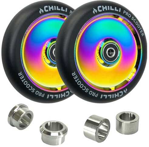 Pro Stunt-Scooter Hollowcore Rollen 120 mm SET+ Titan Spacer nur für Blunt Prodigy S6, S7, S8, S9, X, KOS S5, S6, Colt S5 passend (Rainbow Neochrome)