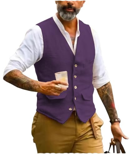 AeoTeokey Gilet estivo da uomo, in lino, con scollo a V, stile vintage, formale, alla moda, vestibilità regolare, Viola, XL