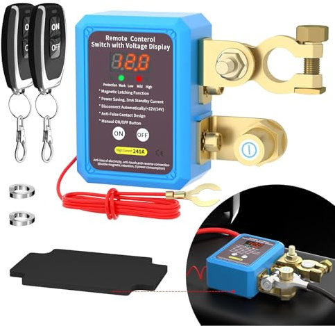 AULESSE 12V 240A Remote Battery Disconnect Switch, Remote Kill Switch for Car, Automatic Power Shut Off Switch with 2 Remote Controls, Battery Isolator Switch (with Digital Display Function)