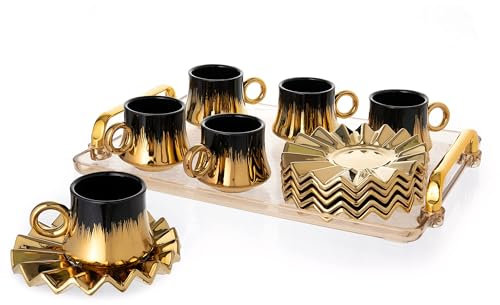 GLOXZY Turkish Coffee Cup Set of 6 with Saucers & Tray - Luxury Arabic Greek Japanese Marble Ceramic Tea Cups for Espresso Cappuccino Latte Mocha, Ideal Gift - 6.7oz, Black Gold