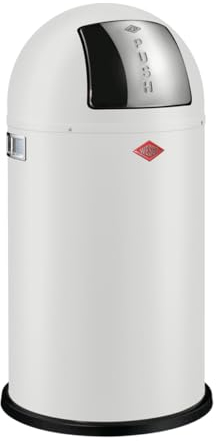 Wesco Pushboy Mülleimer in der Farbe weiß matt, pulverbeschichtetes Stahlblech, 50 Liter Volumen, große Edelstahlklappe, herausnehmbarer Innenbehälter