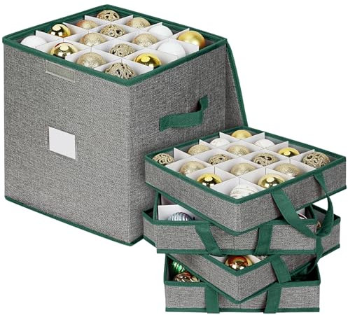 OSTWOLKE Weihnachtskugeln Aufbewahrung, Aufbewahrungsbox Christbaumkugeln aus Stoff, Aufbewahrungsboxen 64 Fächer, Storage Boxes mit 4 Ebenen, Griffen& Unterteiler(32 x 31.5 x 34cm) - Grau