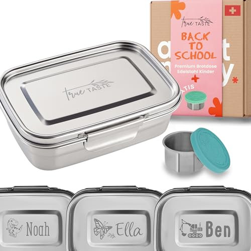 Truetaste® Brotdose Kinder | Brotdose Edelstahl für Kinder und Erwachsene (Ohne Personalisierung, LARTE + 2 Trenner + Gratis Mini Container)
