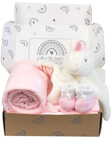 Baby Box Shop - 4 Baby Essentials für Neugeborene Baby Mädchen, ideal als Babyparty-Geschenke & Taufgeschenke für Mädchen, enthält eine Einhorn-Babydecke, rosa Fleece-Babydecke und rosa