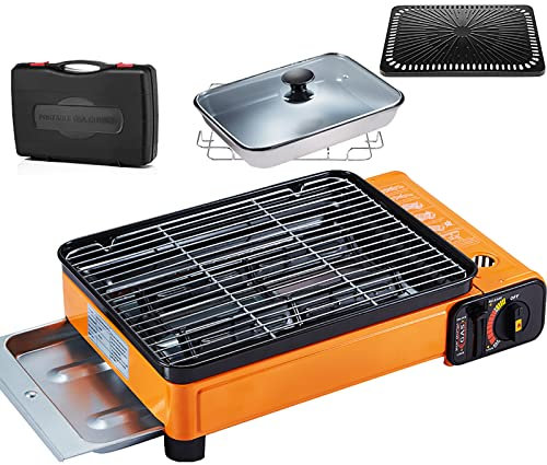 Tragbarer Butangasgrill Tischgrill mit Butan-Brenner Grillplatte und Gestell für Outdoor/Indoor Kochen