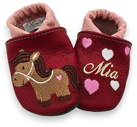 Handmade Krabbelschuhe Baby – Weiche Lederschuhe Babys & Lederpuschen Kinder, Personalisiert mit Namen, Rutschfeste Lauflernschuhe für Mädchen & Jungen, Ideal für die ersten Schritte (Pferd)