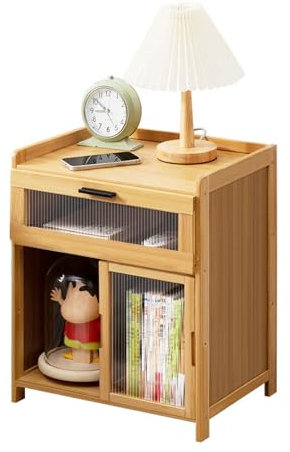 wintfarm Nachttisch Bambus,nachttische mit offenem Regal Schublade&Tür, Landhausstil nachttisch,Boho-Nachttisch Bedside Table,Beistelltisch für Schlafzimmer,Wohnzimmer(Holzfarbe)