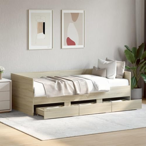 IKAYAA Einzelbett mit 3 Schubladen 100x200 cm, Jungendbett 100x200 cm, Kojenbett mit Stauraum Kiefer massivholz,Tagesbett mit Stauraum, Funktionsbett 100x200 cm Sonoma-Eiche