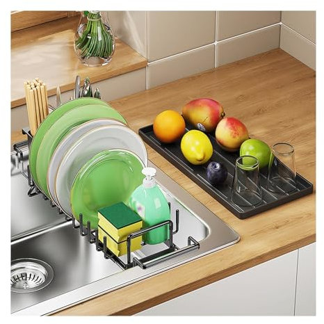 Escurridor de Platos para Encimera Cocina, Organizador de Escurridor Platos con Soporte para Utensilios ExtraíBle, Escurridor de Platos para Fregadero con Bandeja de Secado de Silicona