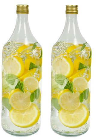 Ma Maison Set 2 Maxi Bouteilles en Verre Transparent 2 Litres pour Eau Pétillante et Naturelle Boissons en Verre Recyclable - Jus, Lait, Limonade, Liqueur - Vaisselle avec Bouchon en Verre Durable