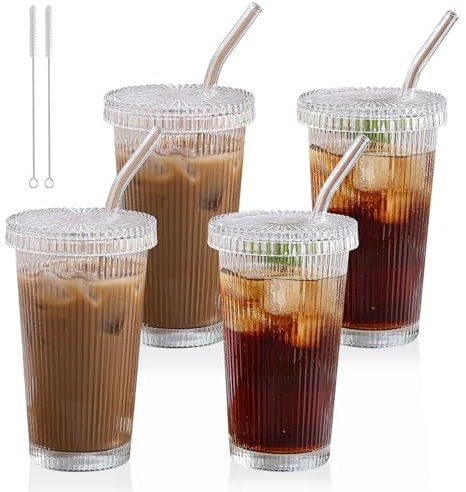 Noxtioanip 4 Piezas Vasos de Cristal con Tpa y Pajita, 380ml Vaso de Vidrio, Tazas de Café Helado, Tazas de Té de Burbuja, Diseño de Rayas Verticales para Leche, Café, Batidos, Jugo, Macchiato, Whisky