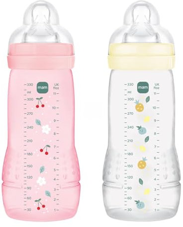 MAM Easy Active 6+ Monate, Farbe Beere + Perle (2 x 330 ml) – mit Silikonsauger, ultraschneller X-Geschwindigkeit, für Babys mit luftdichtem Verschluss