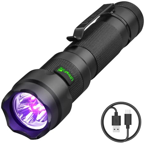 UltraFire Wiederaufladbare UV Taschenlampe 395nm LED Schwarzlicht, 15W Leistungsstarkes Ultraviolettes Licht, 3 LED UV Lampe für Aushärtung von Harzen, Haustier trockenen Urin Flecken, Skorpione Jagd