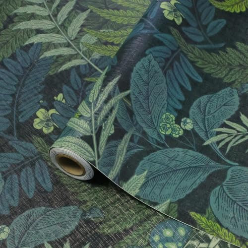 ConCus-T Tropical Botanical Wallpaper Green Leaf Flower Wall Paper with Butterfly Vintage Black Background Textured Sticky Back Vinyl Self Adhesive Contact Paper Peel and Stick, 44.5 x 600CM