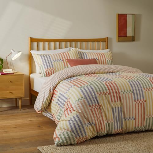 furn. Duvet Day Madison Stripe Bettbezug-Set – Wendbare Bettwäsche mit abstraktem Druck, weichem Stoff und Retro-Design (Mehrfarbig/Apricot – 230x220cm)