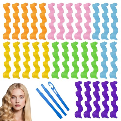 30 Stück Heatless Curls Lockenwickler Über Nacht für Langhaar - Locken ohne Hitze Overnight Waves Hair Curler mit Styling Haken, Perfekt für Schlaf & Tagesstyling bei allen Haarlängen