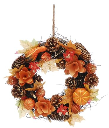 Festive Productions Couronne d'automne de 30 cm avec fleurs d'oranger, citrouilles, feuilles et pommes de pin - Décoration de porte saisonnière pour l'automne et Halloween