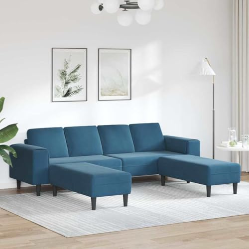 Tonture Sofa Set Blau Samt, 4-Sitzer Couch mit 2 Ottomanen, Moderne Lounge für Wohnzimmer, Schlafzimmer, Erwachsene, Höhenverstellbar
