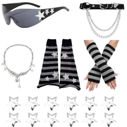 LUJIEBANG Y2k Star Leg Warmers Arm Warmers Set for Women,Flared Leg Warmers, Grunge Aesthetic Accessories Layered Necklace Star Hair Clips Y2k Sunglasses Goth Kawaii Harajuke Accessories