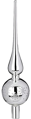 Inge Glas Christbaumspitze 26cm | Weihnachtsbaumspitze aus Glas | Hochwertige Spitze für den Weihnachtsbaum Weihnachten (Frosty Silver 28cm mit Schneeflocken)