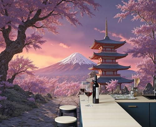 3D Papier Peint Mont Fuji Japon Poudre Blush Papier Peint Panoramique Pour Salon Chambre Salon Mural Fresque Poster Xxl Fleurs De Cerisier Romantiques Fond Décoration Murale 200X140Cm (L X H)