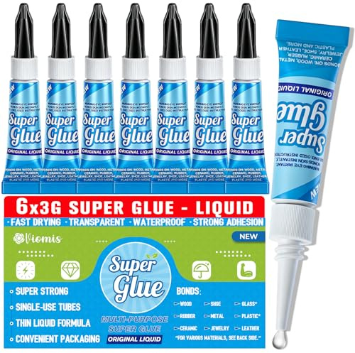 Viomis Super Glue, Clear Glue, 6 Pack 3 Gram Tubes | All Purpose and Fast Setting for Projects and Repairs