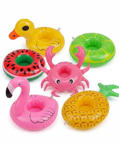 HAPZUR Soporte para Bebidas Inflable Flotante para Piscina, 6 Piezas | Posavasos Original para Fiestas, Playa, Bañera y SPA con Diseños de Flamenco, Pato, Cangrejo y Frutas
