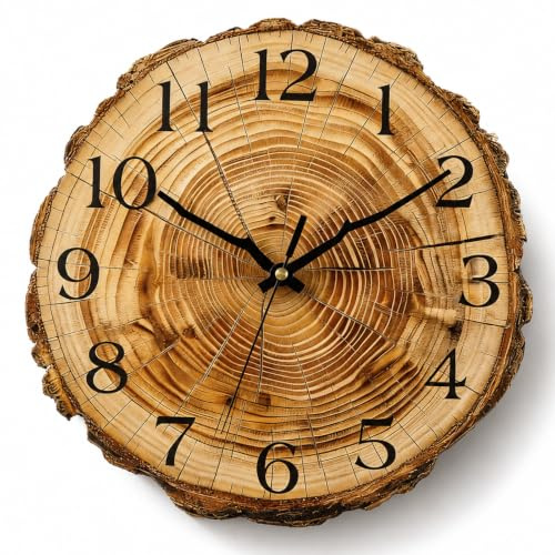 30cm Jahresring Wanduhr Holz MDF Ohne Tickgeräusche, Braun Rustikale Landhausstil Wanduhr Lautlos