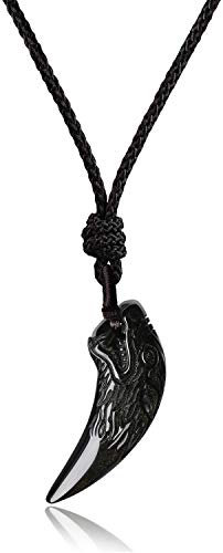 COAI Geschenkideen Glückskette aus Obsidian Gold Wolf Gravur Mittelgroß Anhänger halsketten für Herren