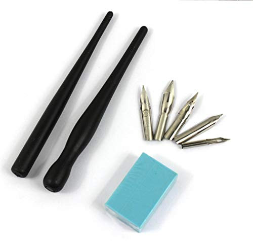 Hillento-Manga-Cartoon-Comic-Dip-Pen-Set, Zeichnung Malerei Kit-Tool, zwei schwarze Stifthalter Griffe, fünf Schreibfedern, ein Stück Zeichnung Radiergummi