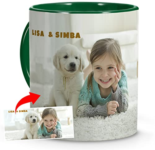 Taza Personalizada con Foto y Texto. Tazas con Imagen y Frase. Regalos para San Valentín Hombre. Regalos Originales para Parejas. Personaliza con Foto y Nombre tu Taza. Interior y Asa Verde Oscuro