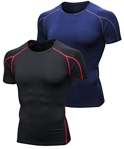 Niksa 2 Pack Short Sleeve Sports T-Shirts Mens,Compression Clothing Running Shirts Base Layers Top,Fitness Athletic Training Workout Gym Clothes for Men (XXL, Black Red&Navy Blue)
