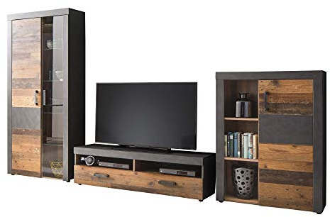 Newfurn Wohnwand Anbauwand Industrial Wohnzimmerschrank Wohnlandschaft Mediawand Fernsehschrank II 343x189x 40 cm (BxHxT) II [Nanuk] in Graphit Grau Matera-Old Wood/Old Wood Wohnzimmer