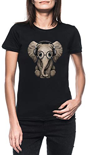 Mignonne Bébé L'éléphant DJ Portant Écouteurs Et des Lunettes Femme Noir T-Shirt Manches Cortes Women's Black T-Shirt XXL